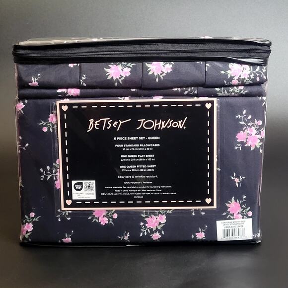 Betsey Johnson Flower Dreams Microfiber Black Pink Floral Print Queen Sheets NEW - Picture 6 of 8
